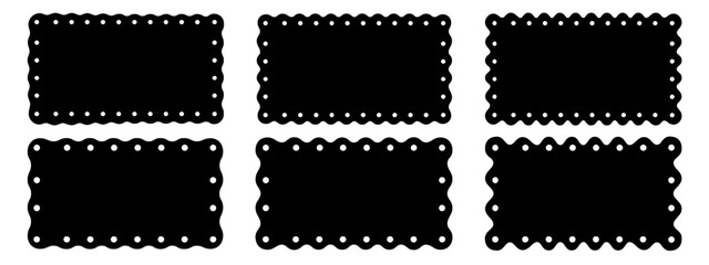 Set or rectangular shapes with scalloped borders. Blank textbox, tag, label, stamp or coupon rectangle forms with laced edges isolated on white background. Vector graphic illustration.