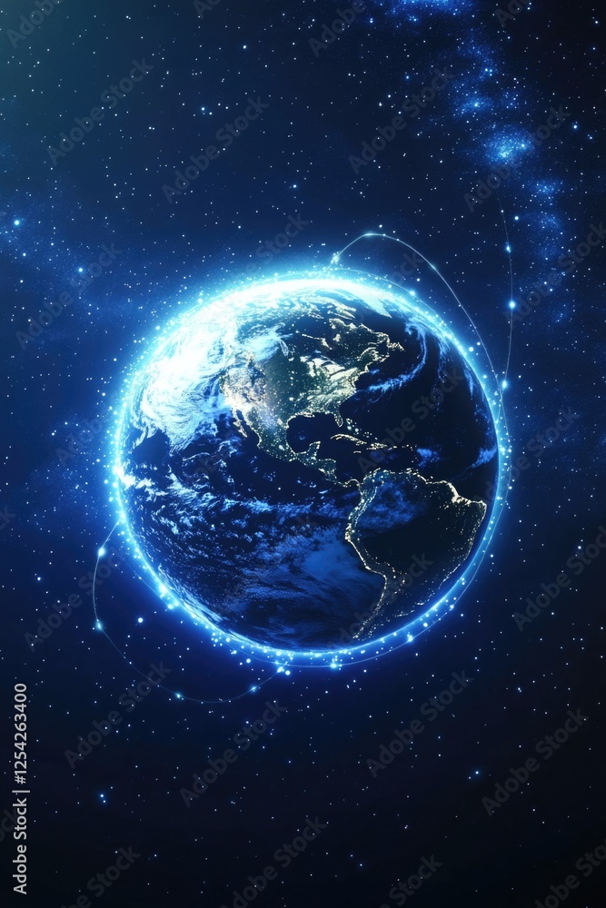 Poster night planet earth from space with light lines of communication and connection. business and finance