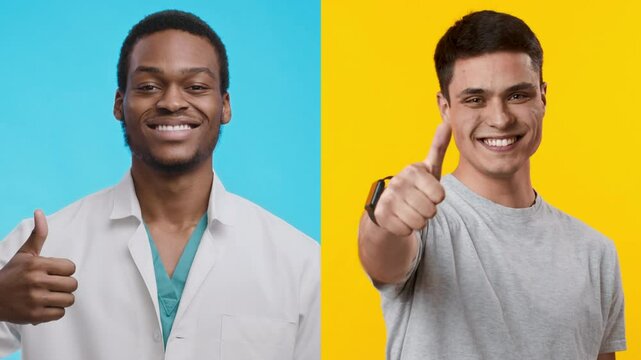 Two young men stand side by side, each smiling and giving a thumbs up, set against vibrant blue and yellow backgrounds, creating a cheerful and encouraging atmosphere.