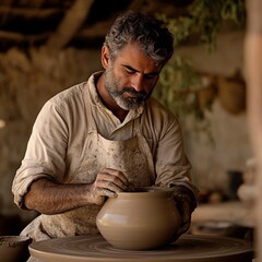 Skilled potter shaping a clay vessel in a rustic workshop under natural light