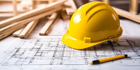 Construction Blueprint with Yellow Hard Hat and Wooden Beams