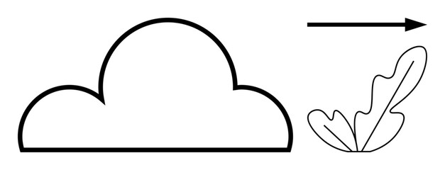 Cloud shape with arrow pointing right next to stylized leaves. Ideal for concepts thumbs up growth, direction, movement, progress, nature, travel, and future. Abstract line flat metaphor