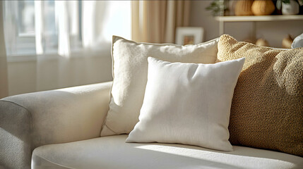 In the living room there is a sofa with a white throw pillow on it a sense of space a medium scene a warm atmosphere a modern photography style