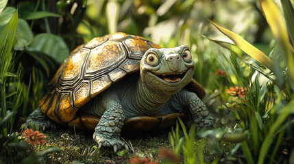 Obraz premium Cheerful cartoon turtle with large smile sitting among vibrant green foliage and flowers, brown and orange shell in lush tropical setting