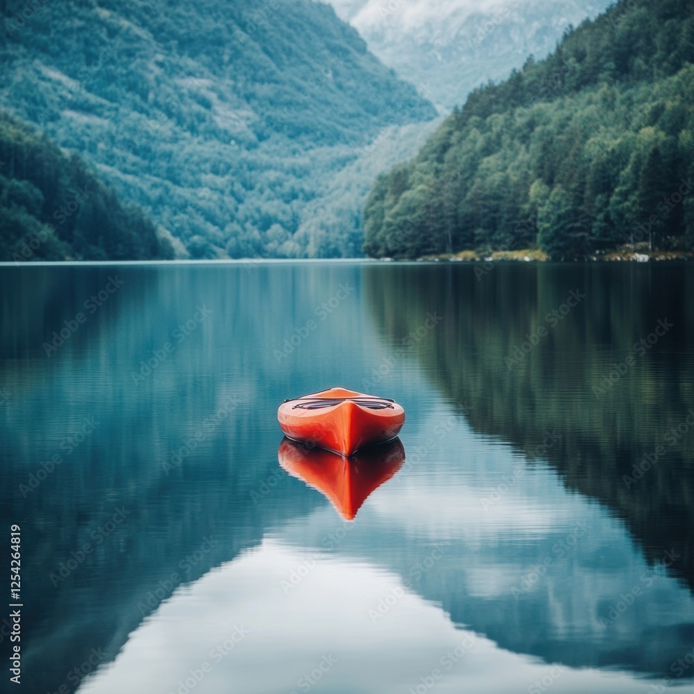 Aufkleber calmness envelops a lone kayak on a serene mountain lake surrounded by lush greenery and towering pe