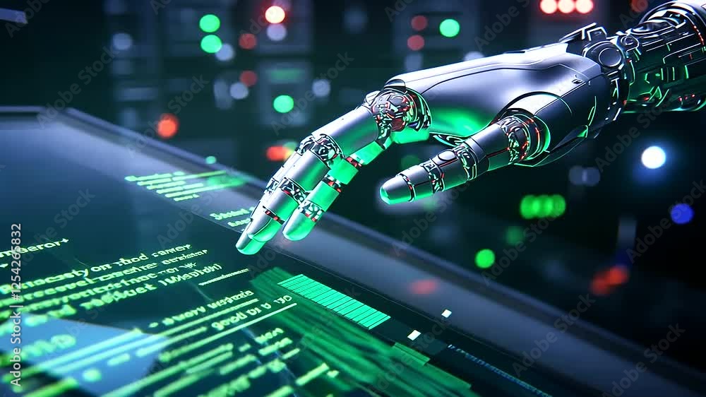 Poster a robotic hand interacts with a glowing holographic display in a futuristic setting.