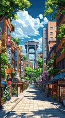 Fototapeta premium Sunny city street with bridge, shops, and trees. Possible use Background image