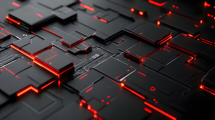Abstract Futuristic Technology Background Red Neon Lights on Dark Circuit Board