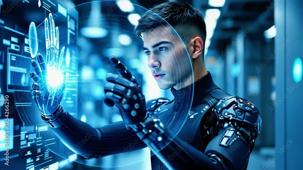 Poster young man in futuristic suit interacting with holographic interface in a high-tech lab setting