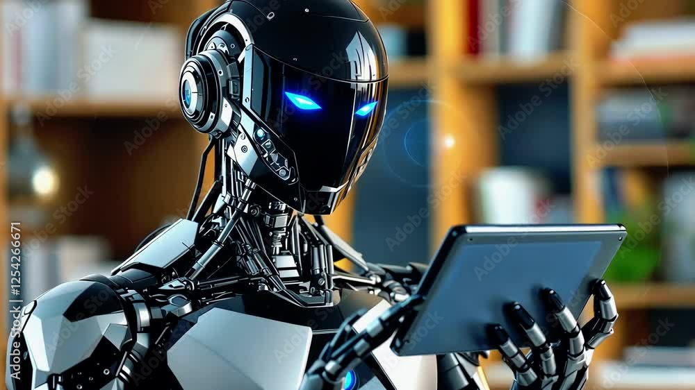 Poster futuristic robot using a tablet in a modern workspace, surrounded by books and technology