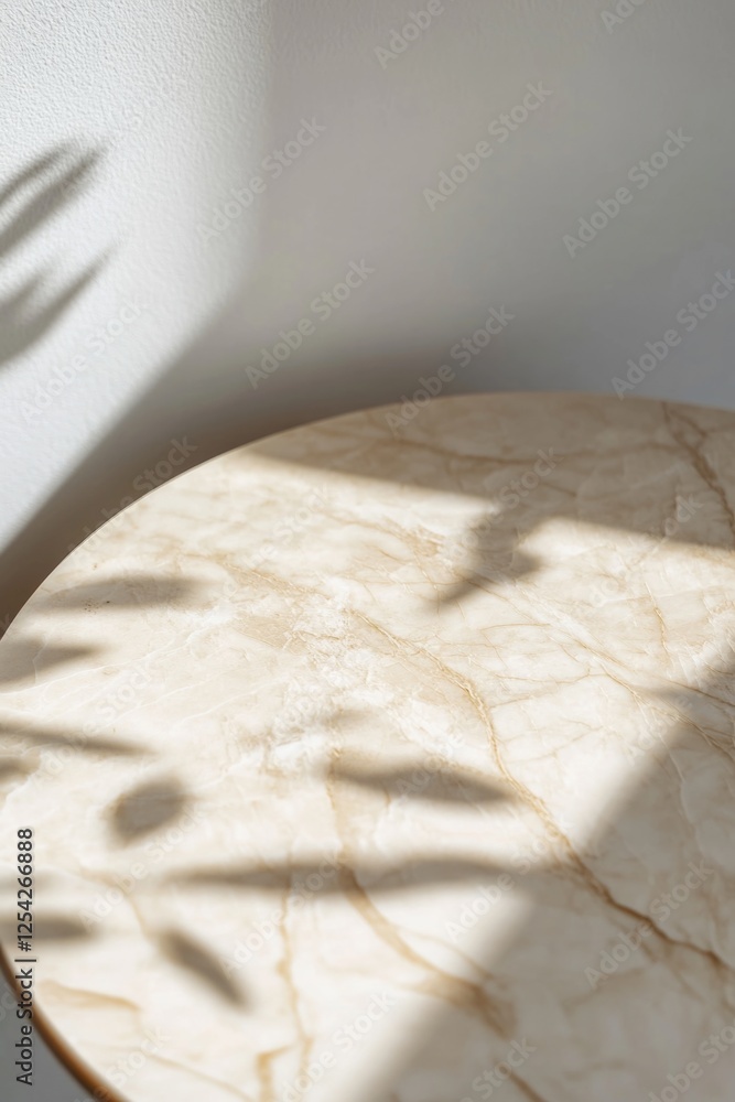 Poster round marble table top with abstract shadow drop on white wall background for mockup product display