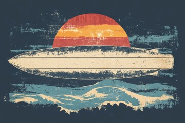 Vintage surfboard against a backdrop of a warm sunset and rolling waves in a beach setting