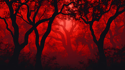 Red background. Witchwood Forests. Illustration
