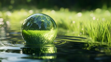 Green Sphere Reflecting Nature In Water