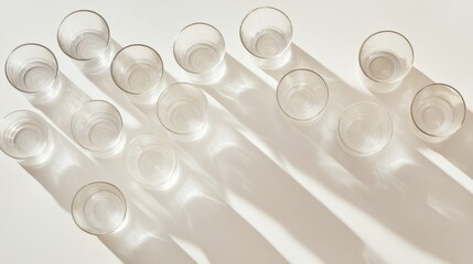 Neatly arranged empty glasses on a table, symbolizing simplicity and order in dining.