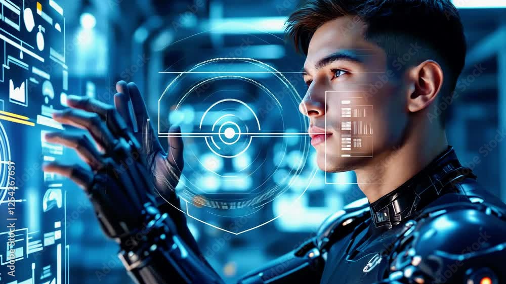 Aufkleber futuristic humanoid interacting with holographic interface in a high-tech laboratory setting