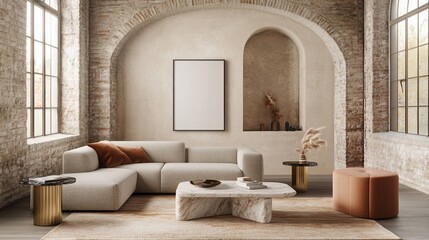 Modern sectional sofa in loft apartment, arched walls, mockup poster