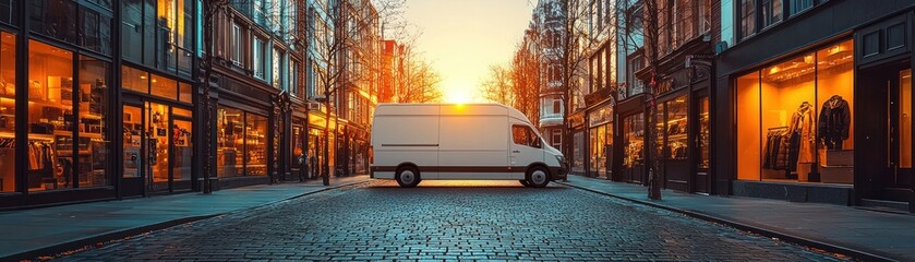 Delivery Van at Sunrise in City Streets