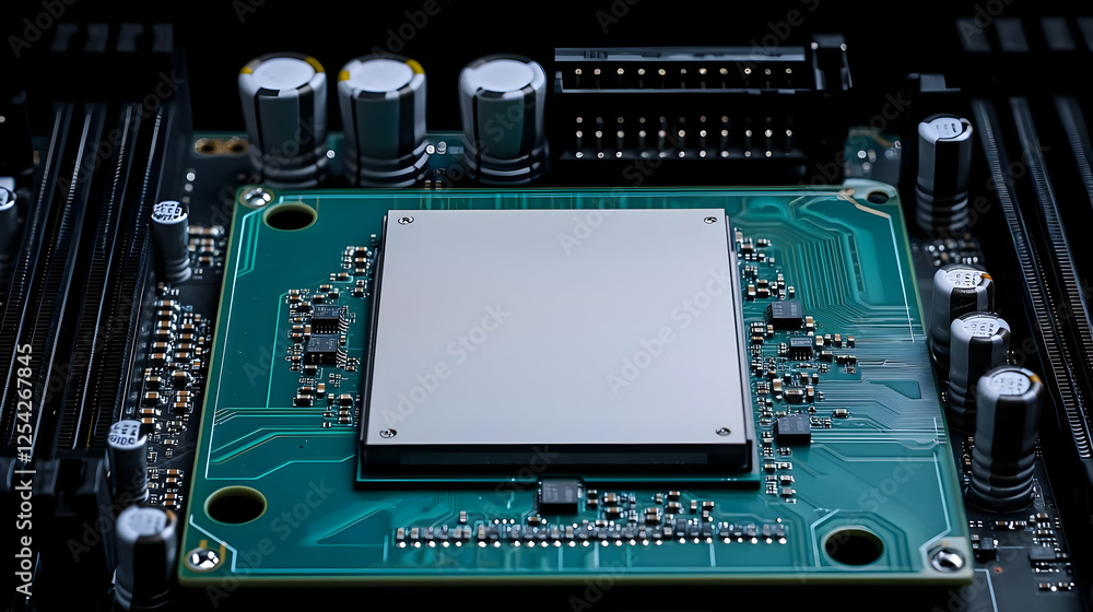 Poster close up of a green circuit board with a central processing unit