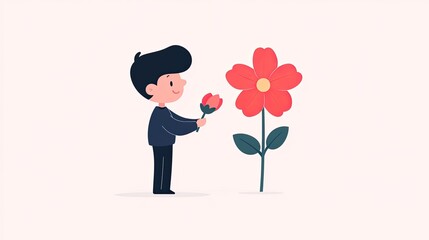 A young boy joyfully holding a rose while admiring a large flower in a minimalistic background