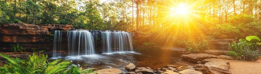 Fototapeta premium Waterfall in Forest at Sunrise, Nature Scene, Peaceful
