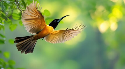 Obraz premium A vibrant bird in mid-flight among green foliage.