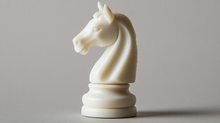 White chess knight piece on gray background with copy space, strategy or foresight concept.