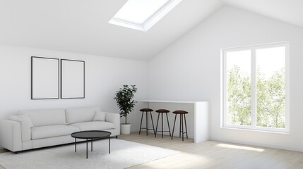 Fototapeta premium Modern minimalist living room interior with a white sofa, bar stools, and natural light from a window and skylight.