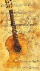 Vintage guitar on musical notes background.  Possible stock use