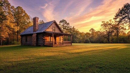 Small wooden log cabin in a grassy field surrounded by trees and nature in a tranquil rural landscape
