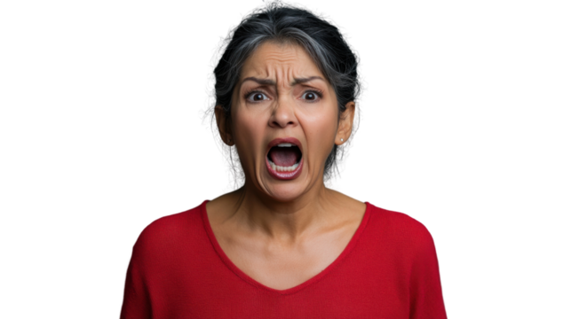 Angry senior woman shouting with transparent background