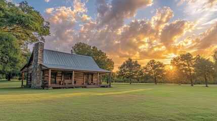 Obraz premium Small wooden log cabin in a grassy field surrounded by trees and nature in a tranquil rural landscape