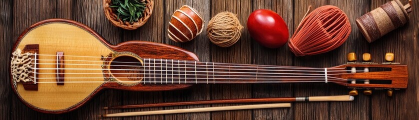 Wooden musical instruments on rustic wood