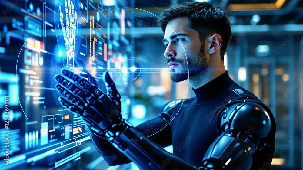 Poster futuristic human interacting with advanced holographic interface in a high-tech workspace