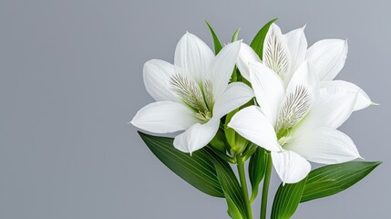 Fototapeta premium White alstroemeria flowers bouquet, gray background, floral arrangement, website banner