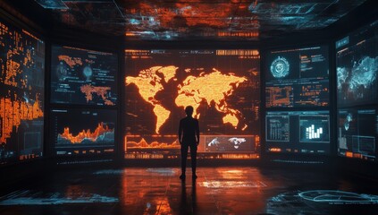 Global Network Surveillance: A lone figure observes a world map displayed on massive screens, showcasing intricate data streams and global connectivity.