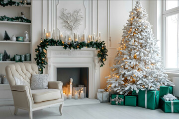 Stylish interior of modern living room decorated for Christmas with fireplace chair and big white tree covered in silver lights White walls with shelves decora