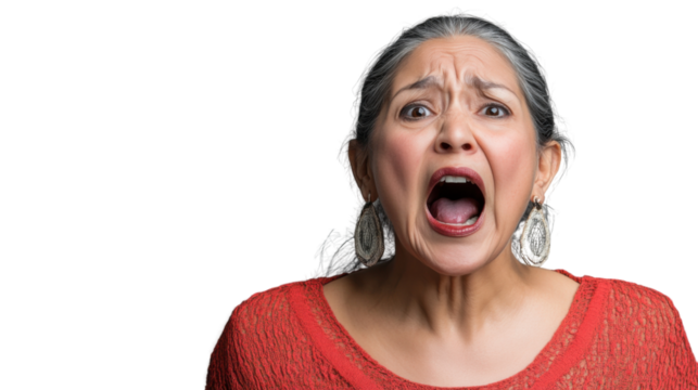 Angry senior woman shouting with transparent background