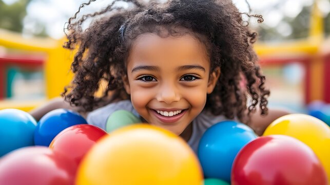 Happy Girl Playing in Colorful Ball Pit