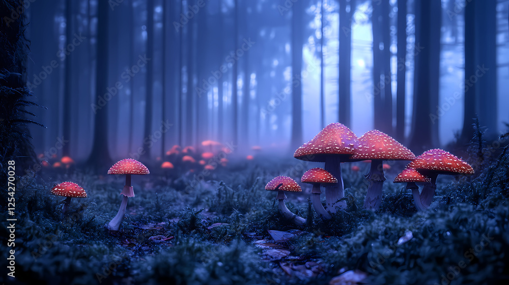 Poster Dark digital password forest glowing mushrooms misty atmosphere. Witchwood Forests. Illustration