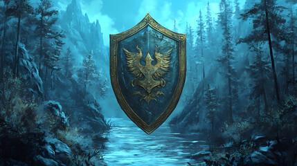 Fototapeta premium Shield on the background of a forest with a river on a blue background. Witchwood Forests. Illustration