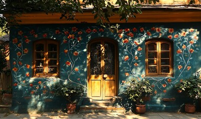 Fototapeta premium Fairytale cottage with round door and arched windows in sunlight