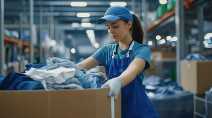 Obraz premium female warehouse worker, clothes in the cardboard boxes