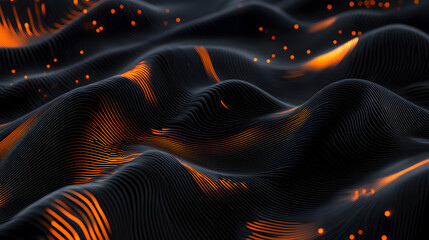 Obraz premium Abstract 3D Rendering of Wavy Lines with Glowing Orange Particles