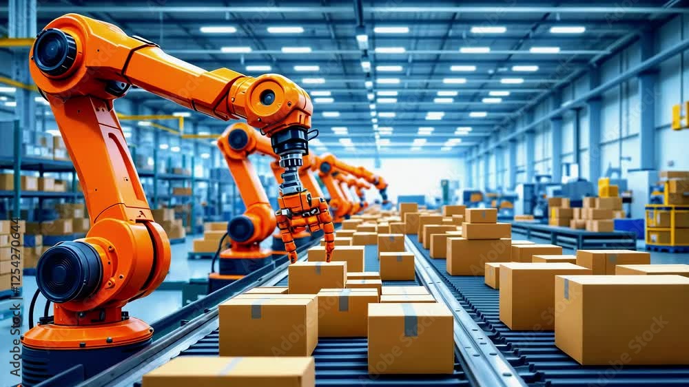 Poster automated robotic arms efficiently sorting and packaging boxes in a modern warehouse environment (1)