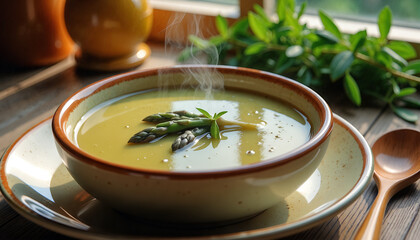 Steaming asparagus soup in rustic ceramic bowl, cozy kitchen scene