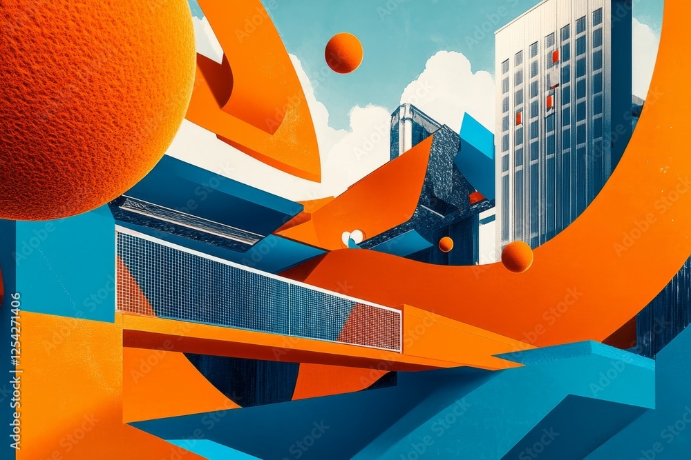 Poster abstract orange city architecture; floating spheres, urban backdrop; design concept