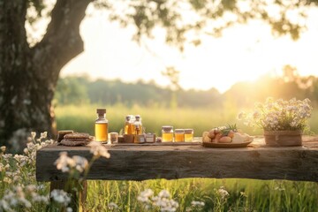 Fototapeta premium Tree Table wood Podium in farm display for food, perfume, and other products on nature background, Table in farm with grass, Sunlight at morning