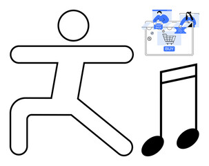 Yoga pose stick figure, music note, and shopping cart with checkout scene. Ideal for fitness, music, e-commerce, relaxation, online shopping digital content modern lifestyle. Line metaphor