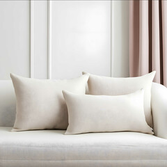 Two rectangular pillows are placed on the sofa Pillow made of linen material Pink curtains with a simple cream colored background and a white sofaWarm atmosphe